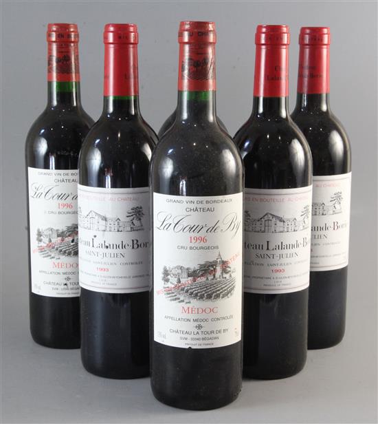 Four bottles of Chateau Lalande-Borie, St. Julien 1993 and two bottles of Chateau La Tour De By, Medoc, 1996.